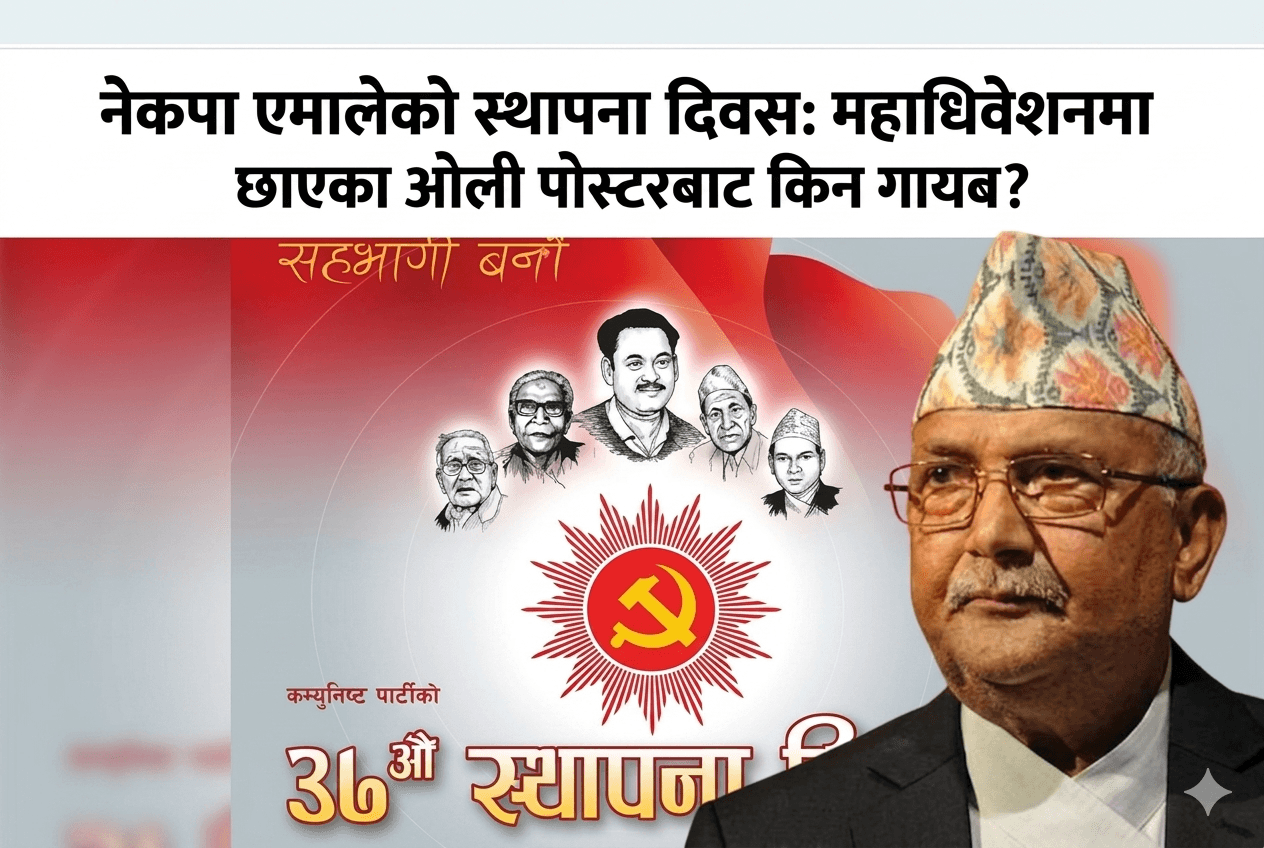 एमालेको ७७औँ स्थापना दिवसको पोस्टरबाट किन गायब ओली ?
